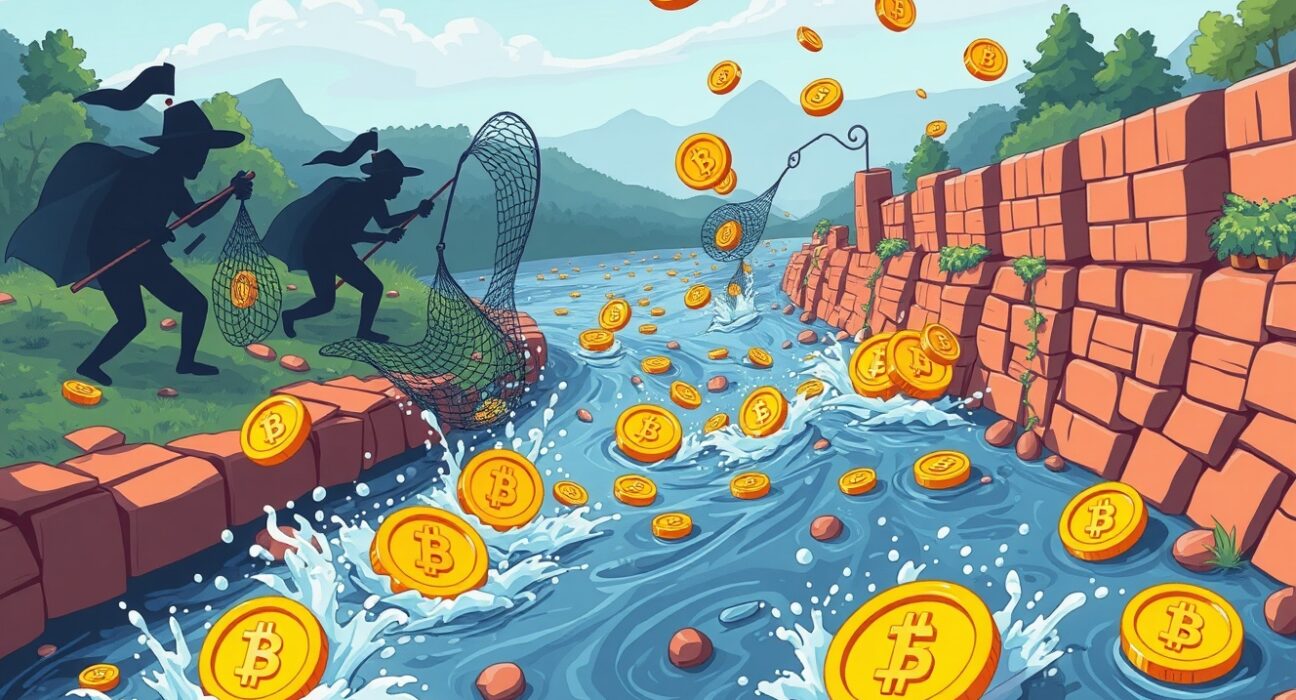 Cartoon illustration of River token drop defense against cryptocurrency attackers