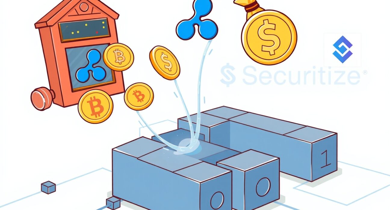 Cartoon showing the seamless RLUSD conversion of BlackRock and VanEck tokenized funds, symbolizing a bridge between traditional finance and blockchain.