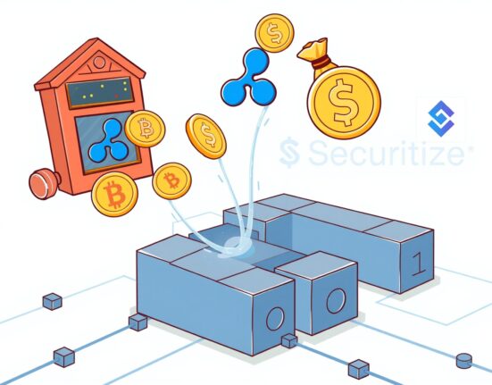 Cartoon showing the seamless RLUSD conversion of BlackRock and VanEck tokenized funds, symbolizing a bridge between traditional finance and blockchain.