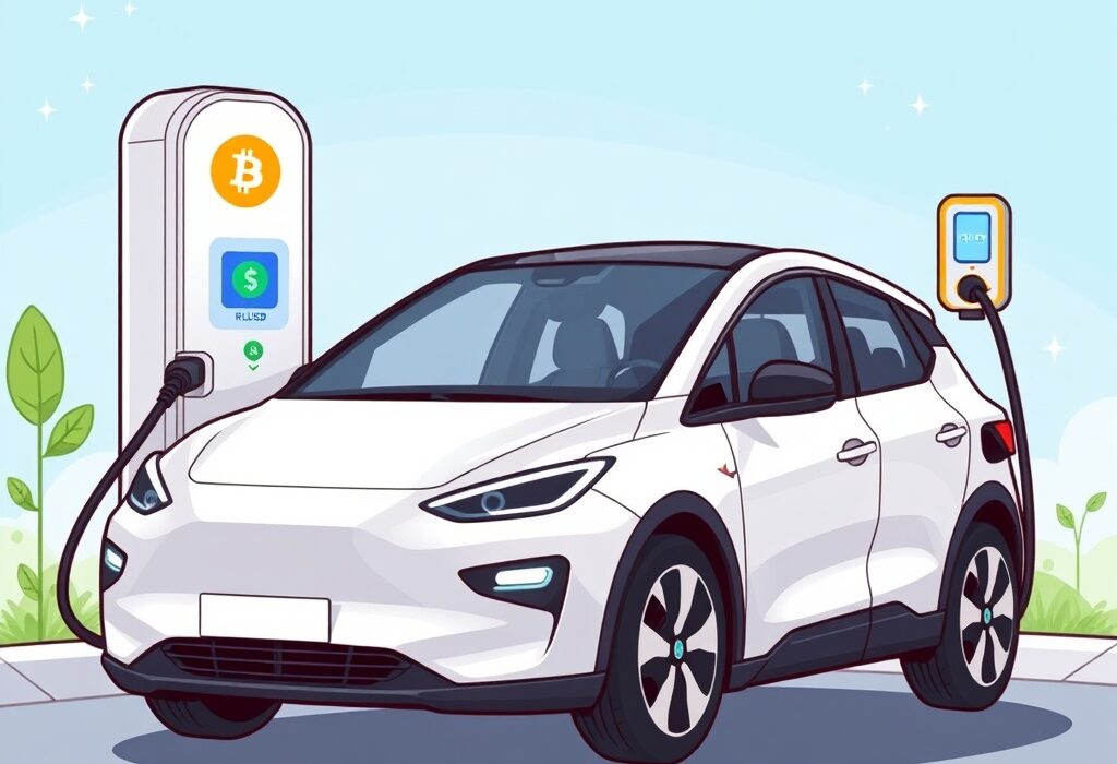 A futuristic electric vehicle from Tembo accepting RLUSD payments via a digital interface, symbolizing innovation in automotive finance.