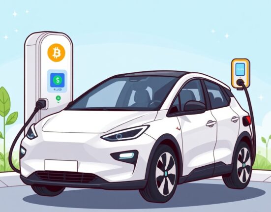 A futuristic electric vehicle from Tembo accepting RLUSD payments via a digital interface, symbolizing innovation in automotive finance.