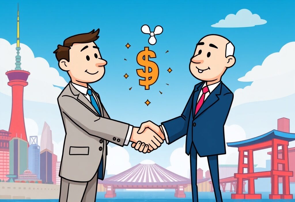 Cartoon showing Ripple and SBI partnering to introduce RLUSD stablecoin in Japan, symbolizing a new era for digital finance.