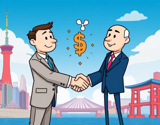 Cartoon showing Ripple and SBI partnering to introduce RLUSD stablecoin in Japan, symbolizing a new era for digital finance.