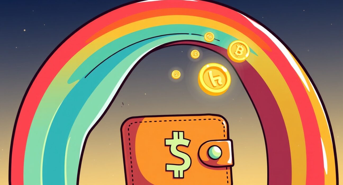 A colorful rainbow over a crypto wallet, symbolizing the upcoming RNBW token launch and new opportunities.