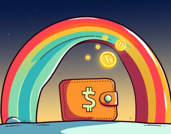 A colorful rainbow over a crypto wallet, symbolizing the upcoming RNBW token launch and new opportunities.