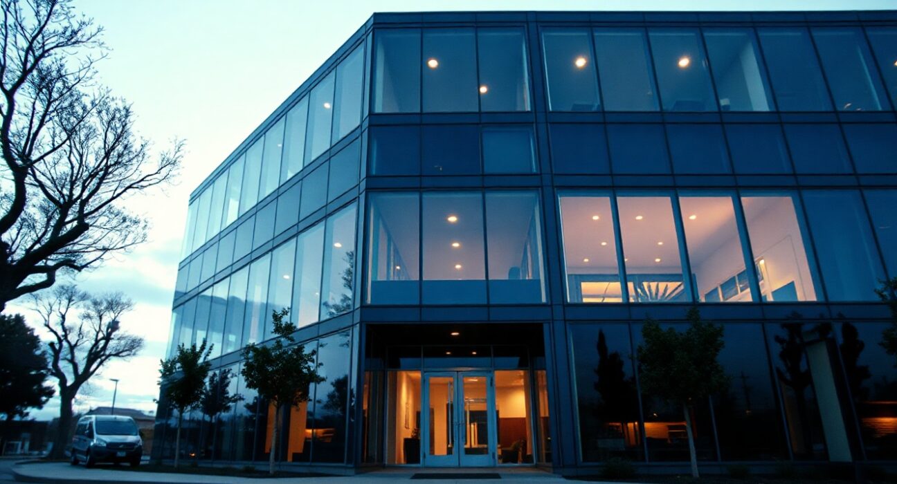 Modern Silicon Valley office building exterior at dusk, representing venture capital firm Andreessen Horowitz.
