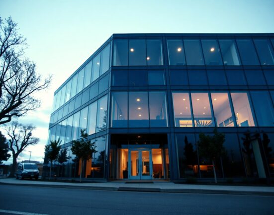 Modern Silicon Valley office building exterior at dusk, representing venture capital firm Andreessen Horowitz.