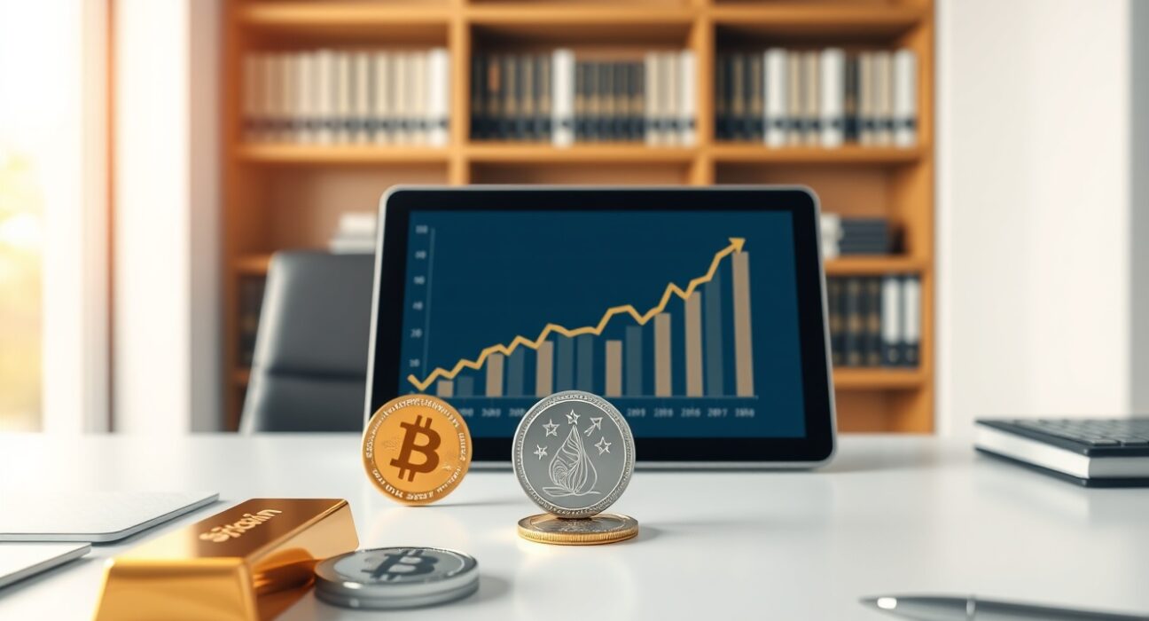 Robert Kiyosaki's investment strategy for Bitcoin, gold, and silver assets on a professional desk.