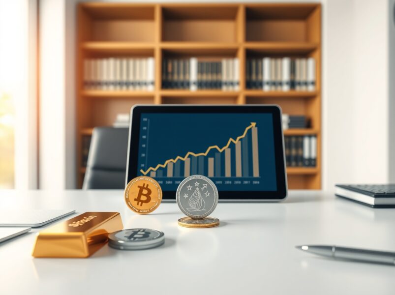 Robert Kiyosaki's investment strategy for Bitcoin, gold, and silver assets on a professional desk.