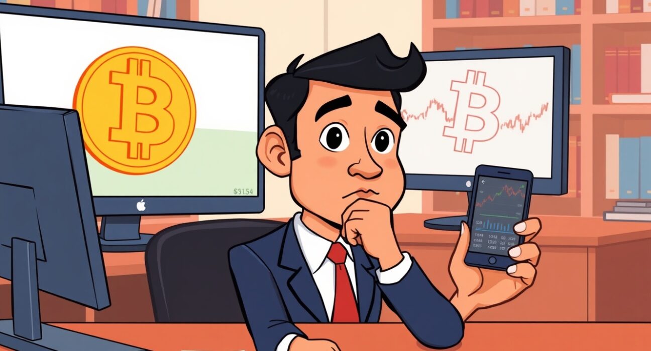 Robert Kiyosaki contemplates Bitcoin investment in a vibrant cartoon office scene.
