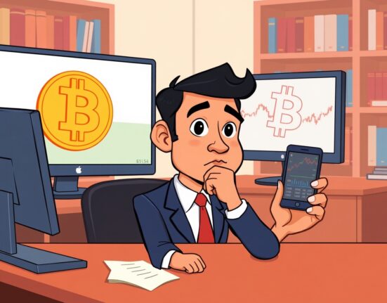 Robert Kiyosaki contemplates Bitcoin investment in a vibrant cartoon office scene.