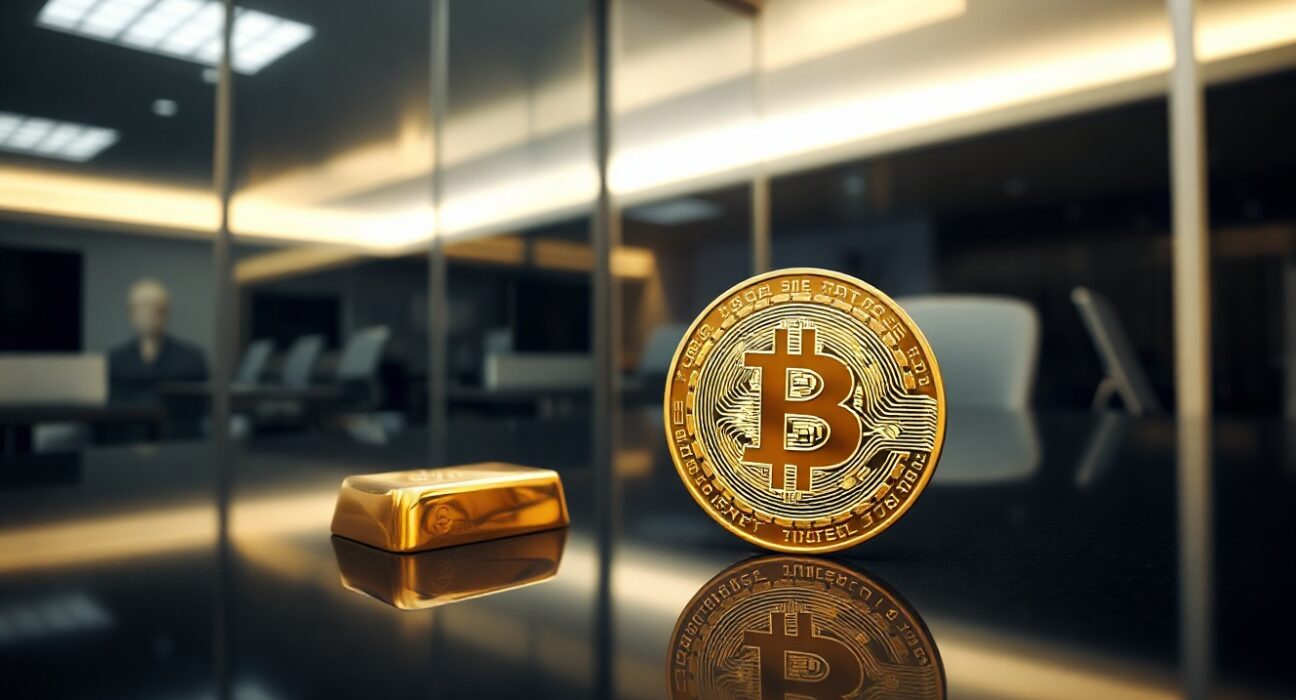 Bitcoin coin and gold bar side by side on a reflective surface, symbolizing the debate over safe-haven assets.