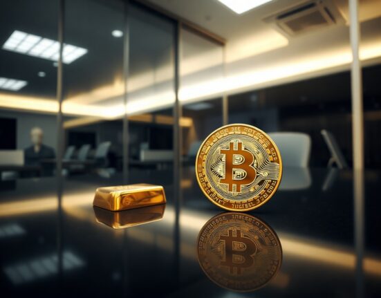 Bitcoin coin and gold bar side by side on a reflective surface, symbolizing the debate over safe-haven assets.