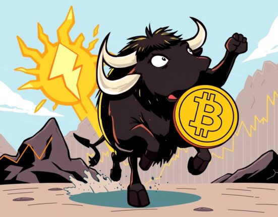 Cartoon showing Robin Energy stock soaring after its significant Bitcoin purchase, highlighting market excitement and growth.