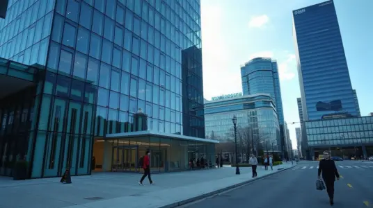 Exterior of a modern fintech headquarters building on a city street in daylight