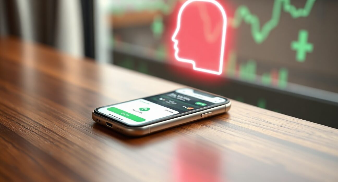 Smartphone displaying Robinhood app with a glowing AI agent icon above it on a wooden desk