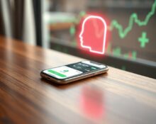 Smartphone displaying Robinhood app with a glowing AI agent icon above it on a wooden desk