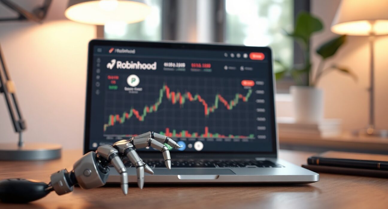 AI agent interface on a laptop with Robinhood trading platform, symbolizing automated stock trading
