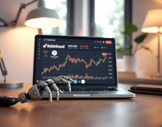 AI agent interface on a laptop with Robinhood trading platform, symbolizing automated stock trading
