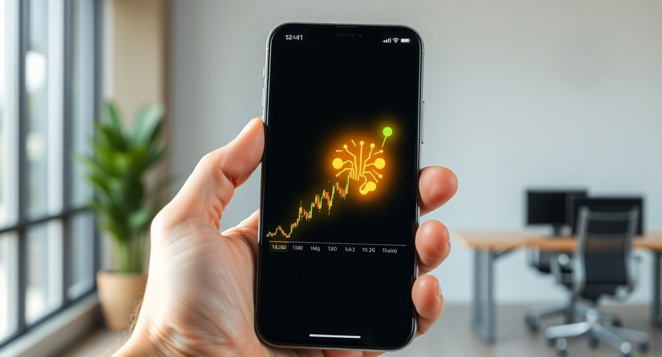 Hand holding smartphone showing Robinhood trading interface with AI icon