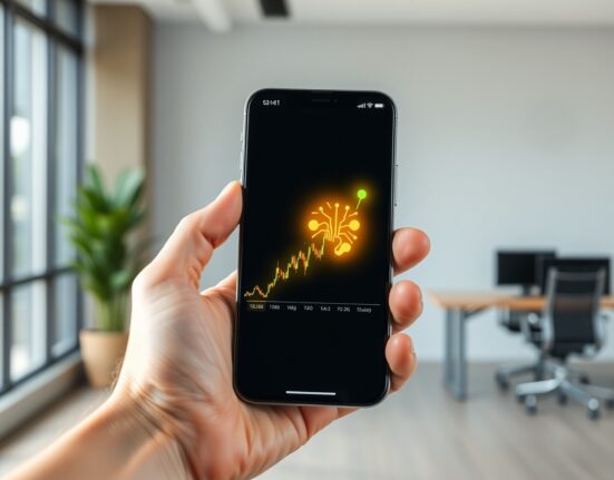 Hand holding smartphone showing Robinhood trading interface with AI icon