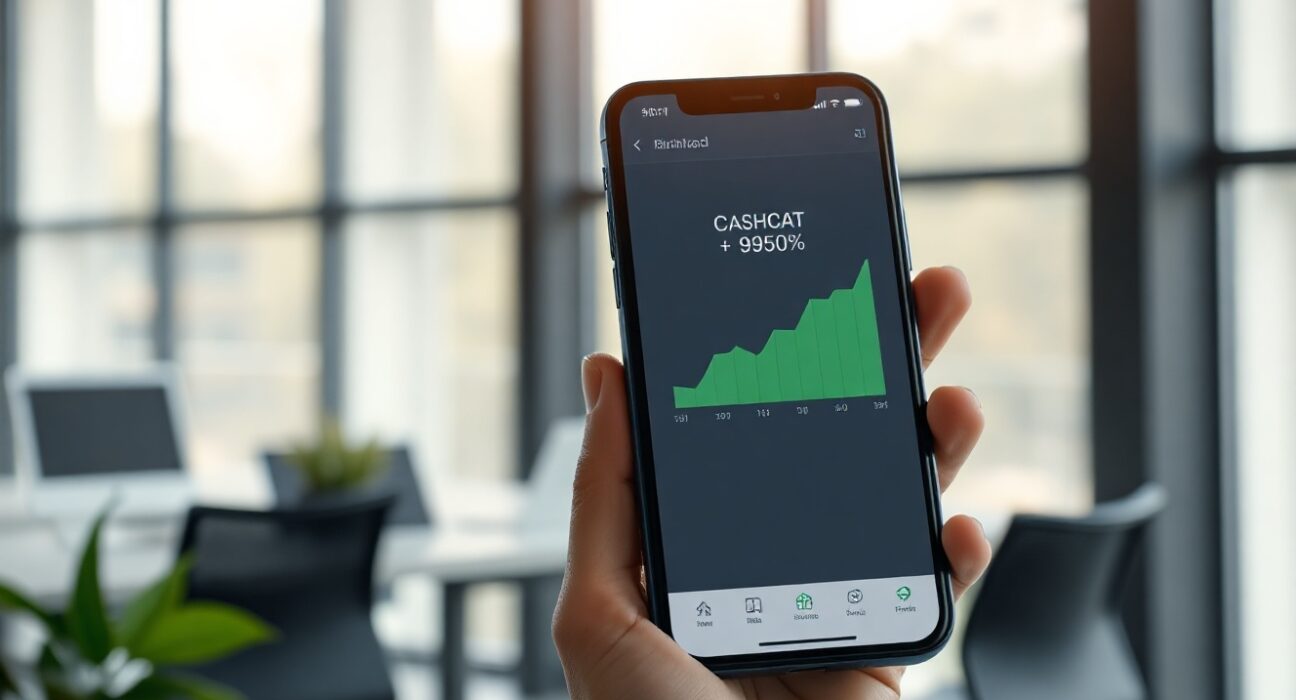 Smartphone showing Robinhood app with CASHCAT memecoin chart surging 950%