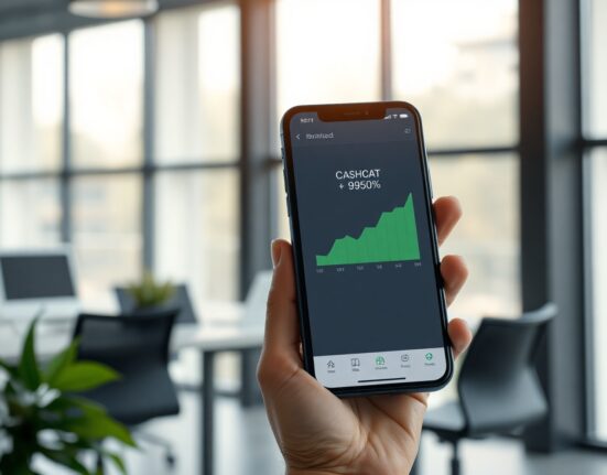 Smartphone showing Robinhood app with CASHCAT memecoin chart surging 950%