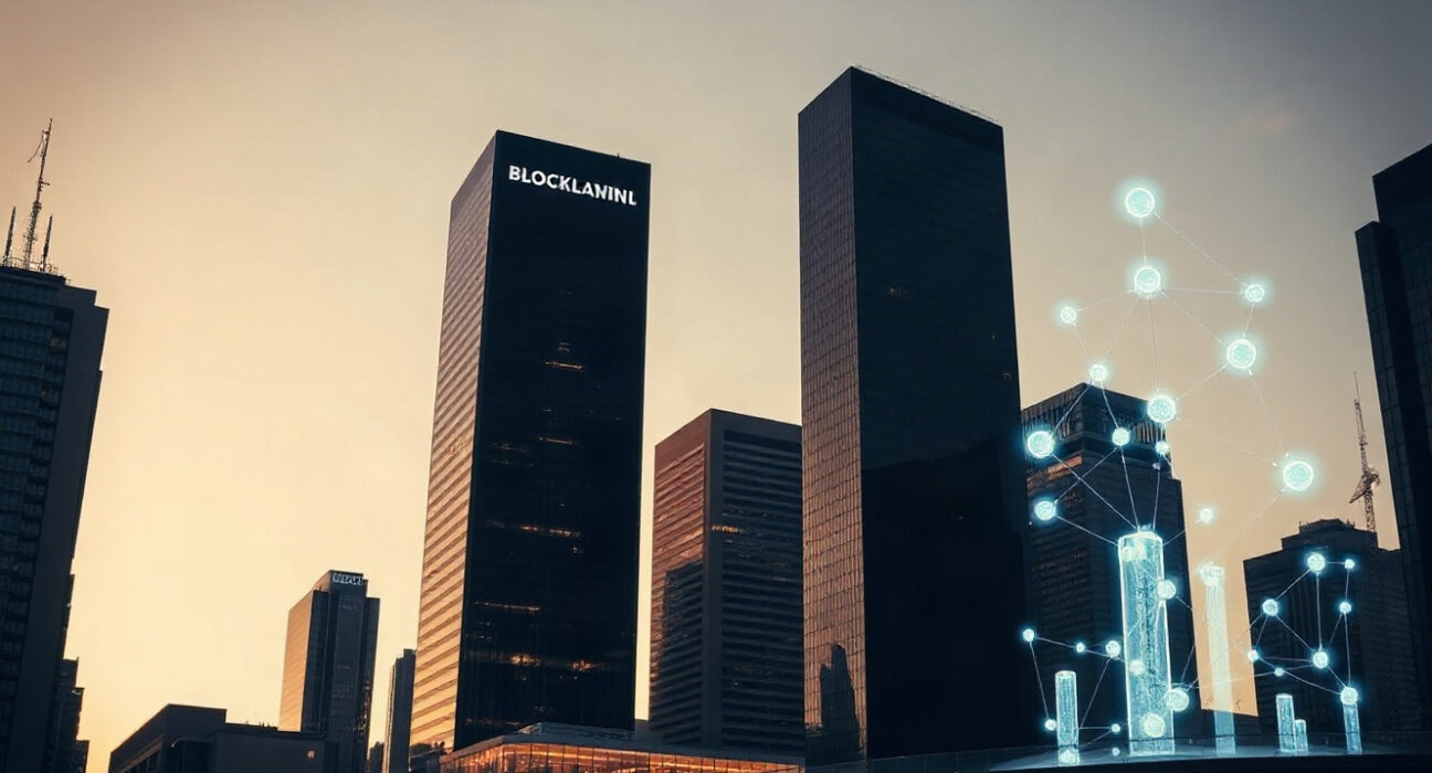 Financial district skyline with digital blockchain overlay symbolizing asset tokenization