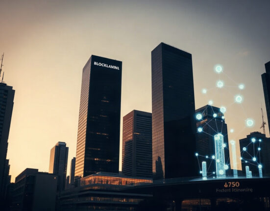 Financial district skyline with digital blockchain overlay symbolizing asset tokenization