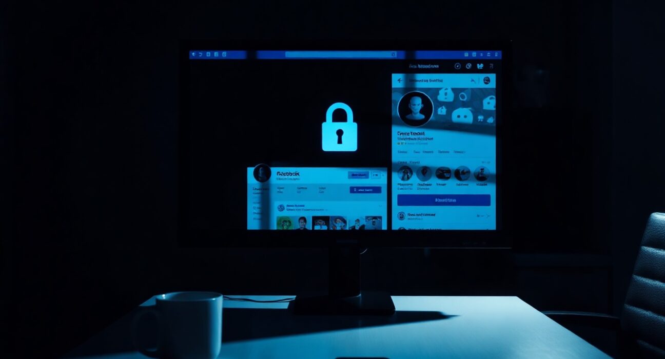 Computer screen showing a security warning in a dark office, representing a social media hack.