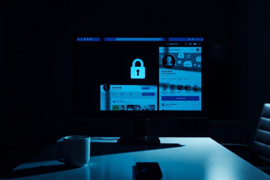 Computer screen showing a security warning in a dark office, representing a social media hack.