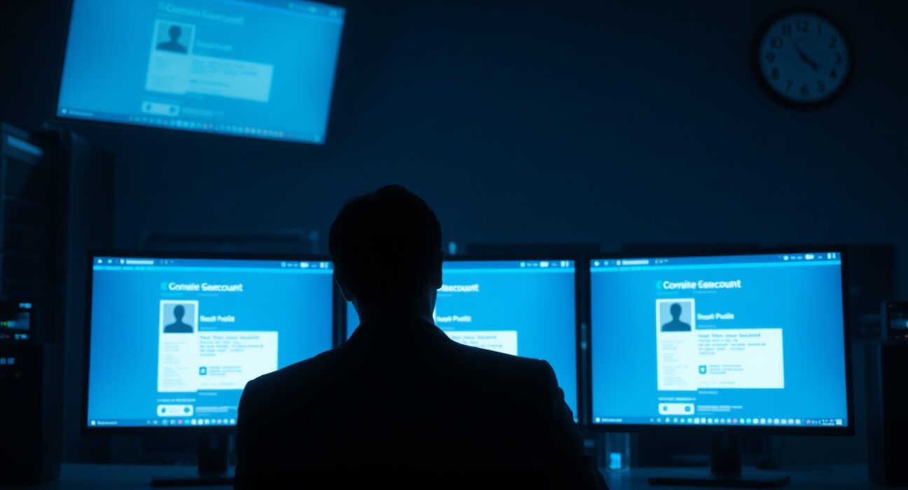Cybersecurity monitoring center with screens showing a compromised social media account warning