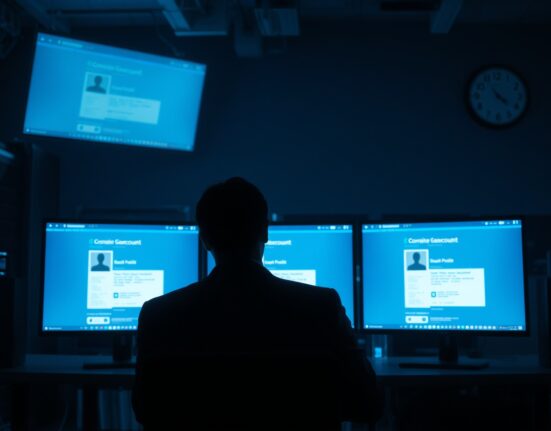 Cybersecurity monitoring center with screens showing a compromised social media account warning