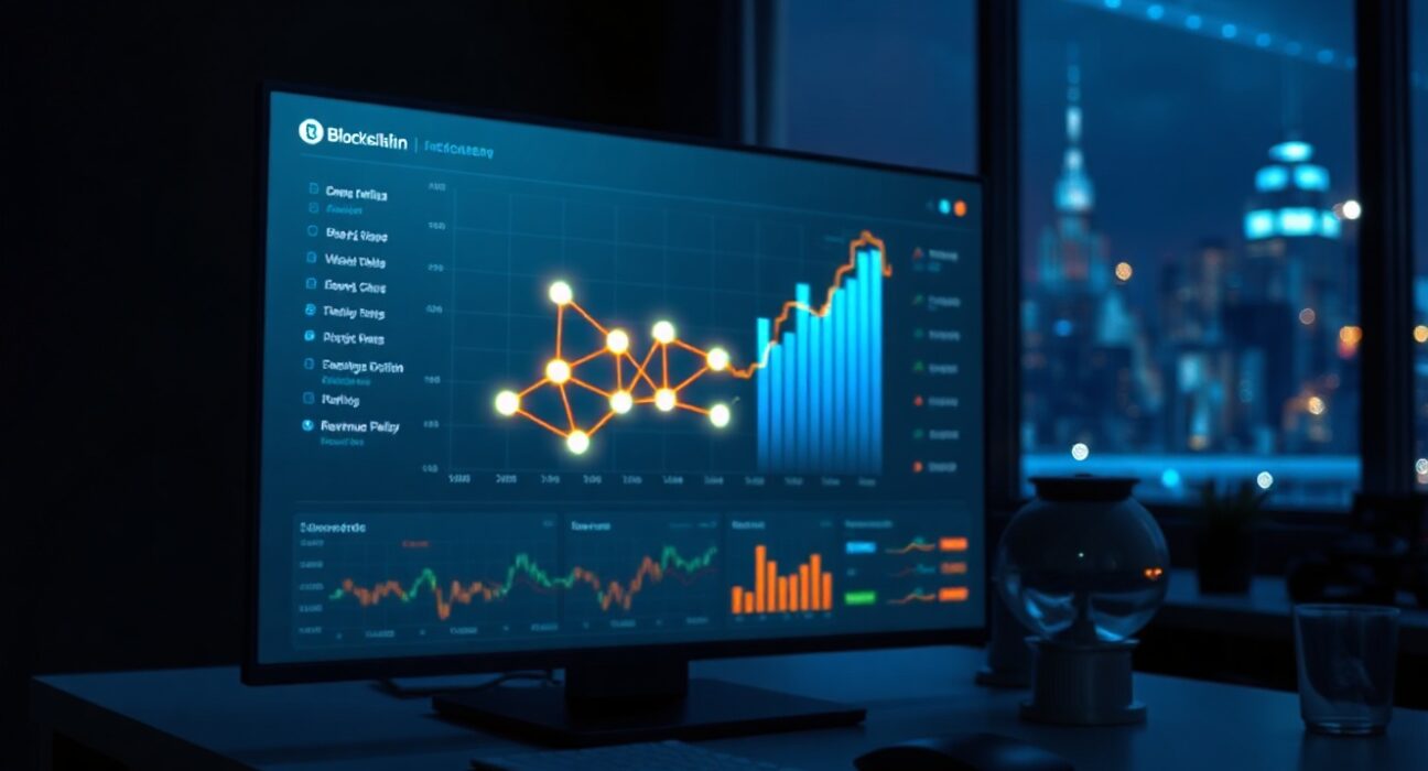 Digital dashboard showing blockchain network visualization with revenue chart and interconnected nodes