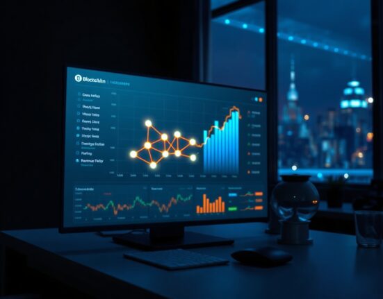 Digital dashboard showing blockchain network visualization with revenue chart and interconnected nodes