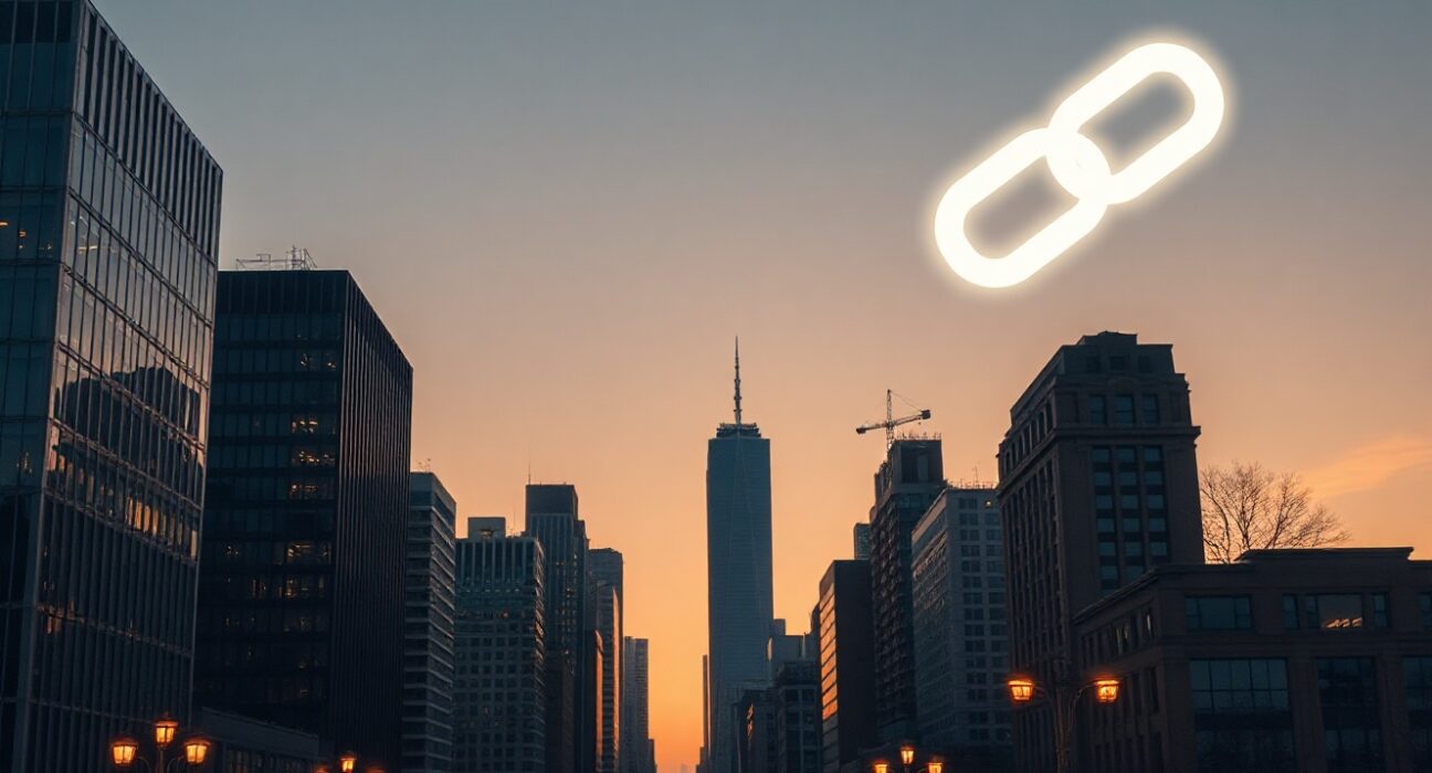 Illustration of a city skyline with digital blockchain connections, representing Robinhood Chain's integration of traditional finance and crypto.