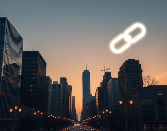Illustration of a city skyline with digital blockchain connections, representing Robinhood Chain's integration of traditional finance and crypto.