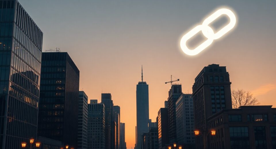 Illustration of a city skyline with digital blockchain connections, representing Robinhood Chain's integration of traditional finance and crypto.
