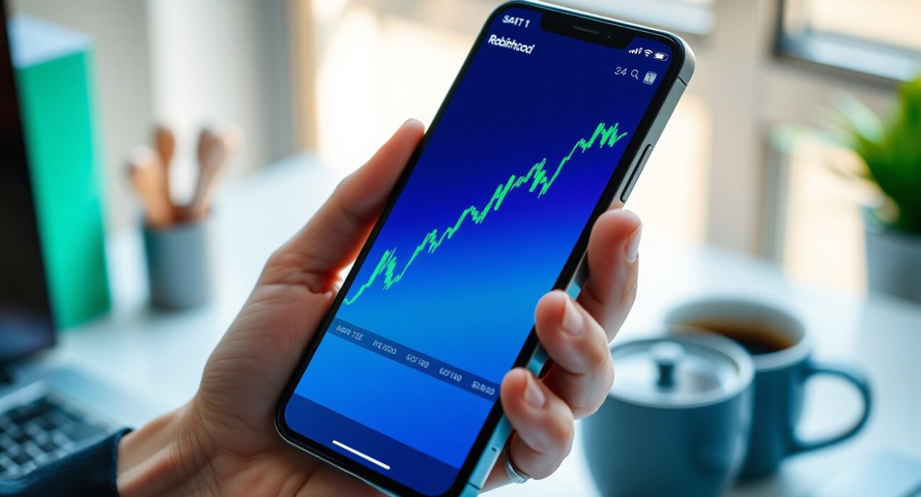 Smartphone displaying a rising cryptocurrency chart with Robinhood app in background