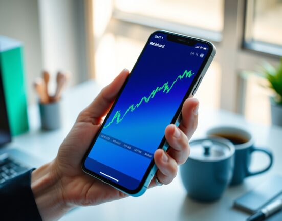 Smartphone displaying a rising cryptocurrency chart with Robinhood app in background
