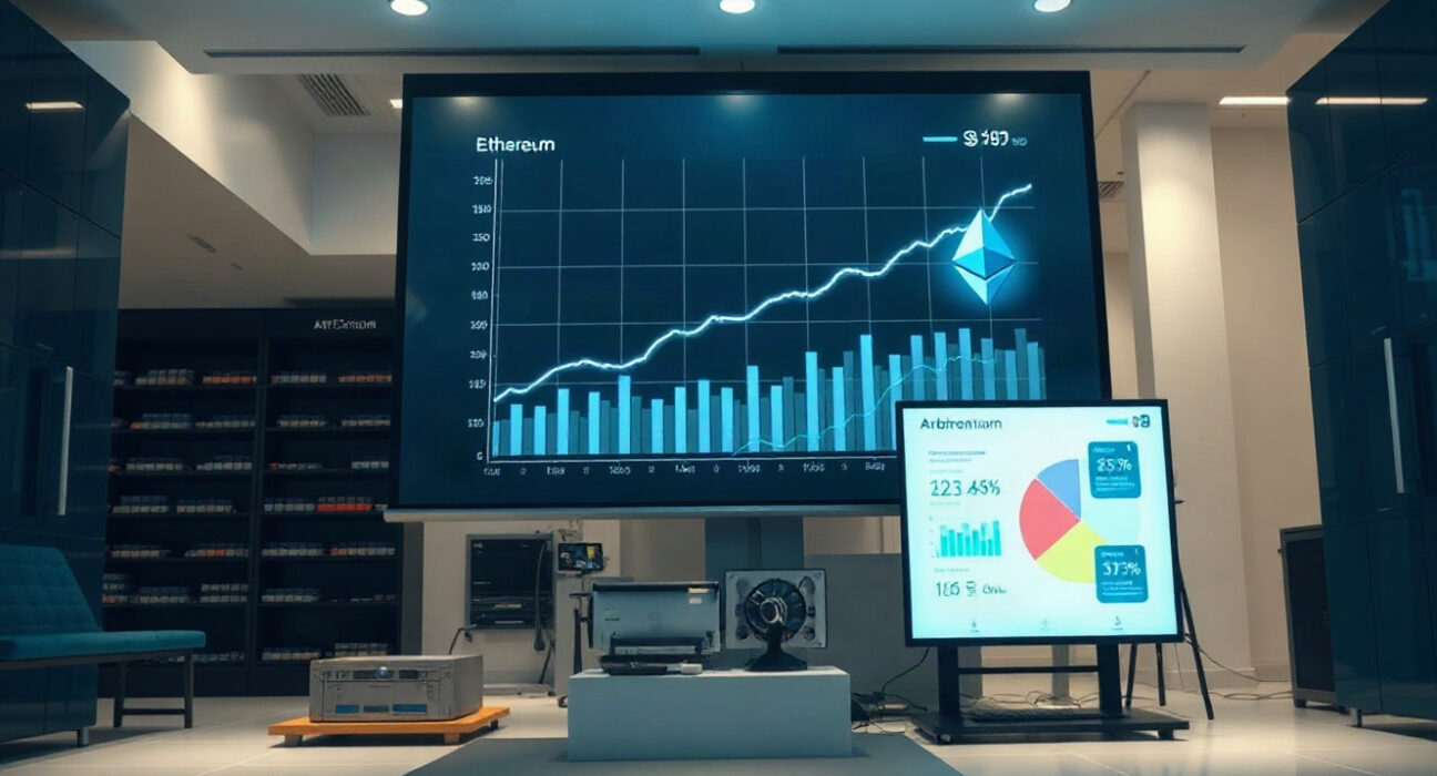Financial data center screens showing Ethereum and Arbitrum fee charts