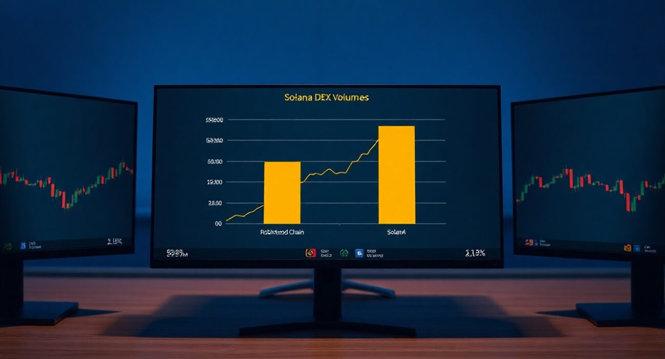 Digital chart comparing Robinhood Chain and Solana DEX trading volumes on a trading desk monitor