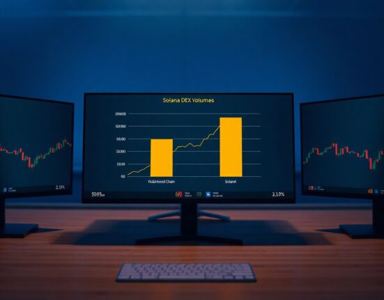 Digital chart comparing Robinhood Chain and Solana DEX trading volumes on a trading desk monitor