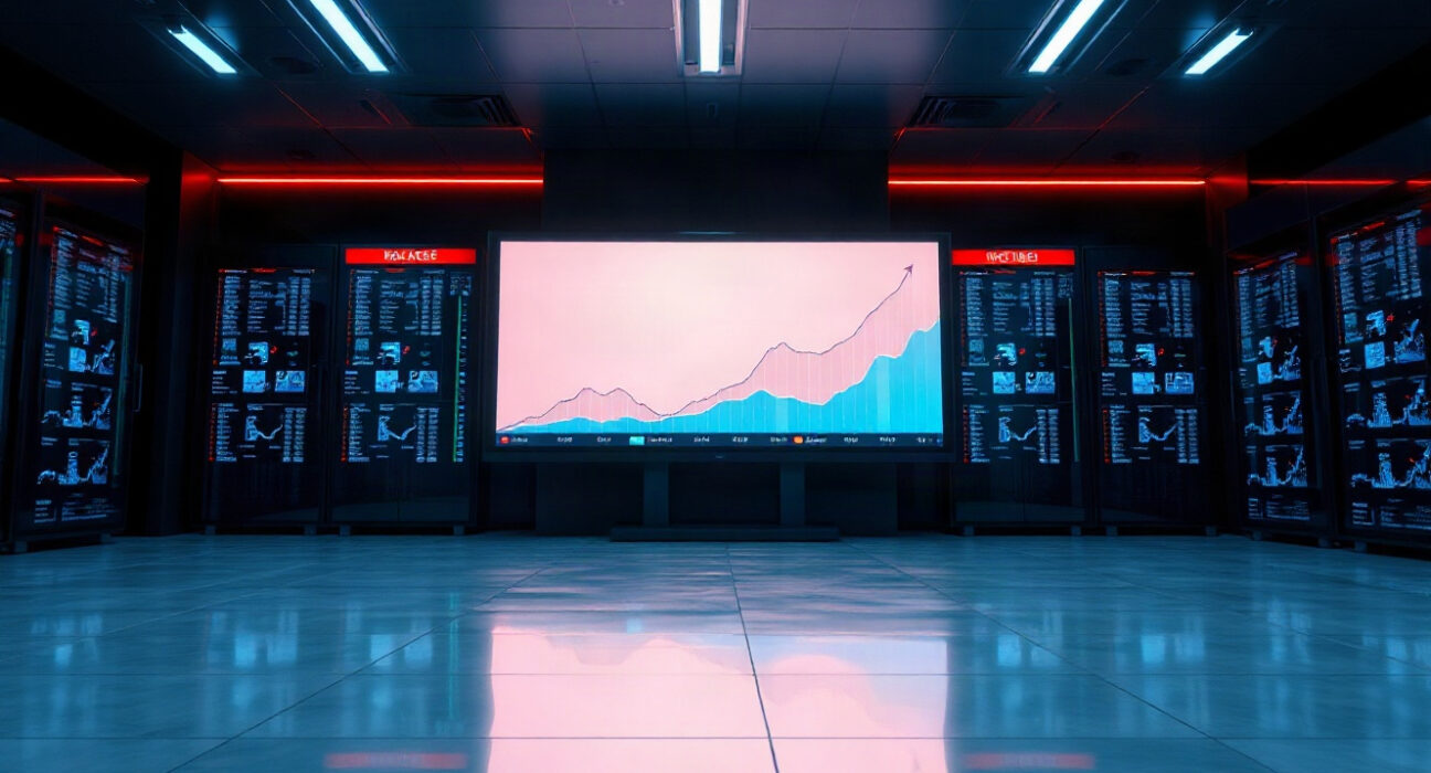 Digital screen showing rising blockchain fee revenue chart in a modern trading environment