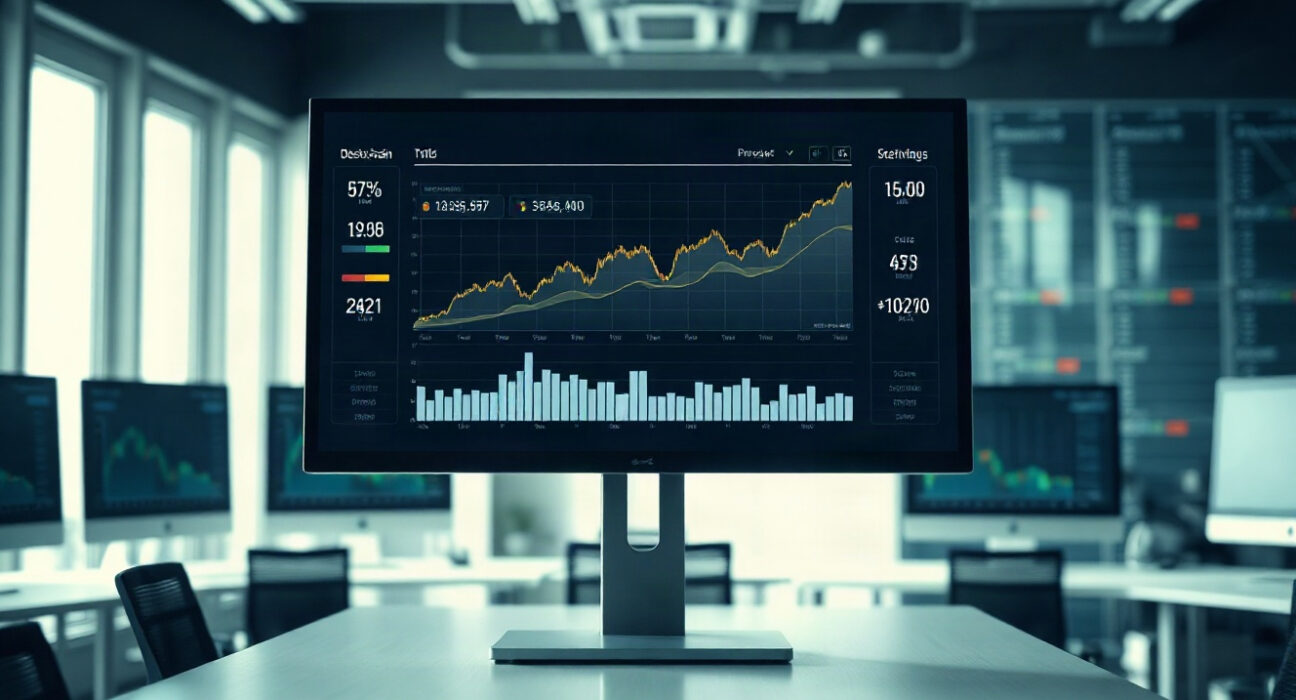 Digital finance dashboard showing blockchain revenue charts in a modern office setting