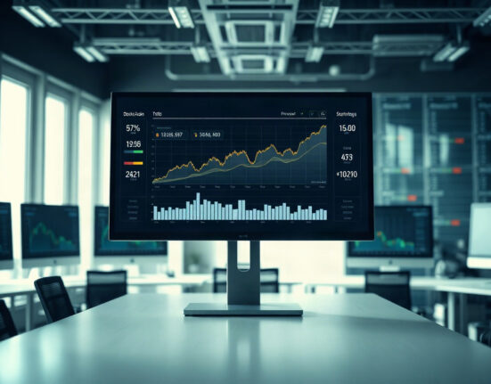 Digital finance dashboard showing blockchain revenue charts in a modern office setting