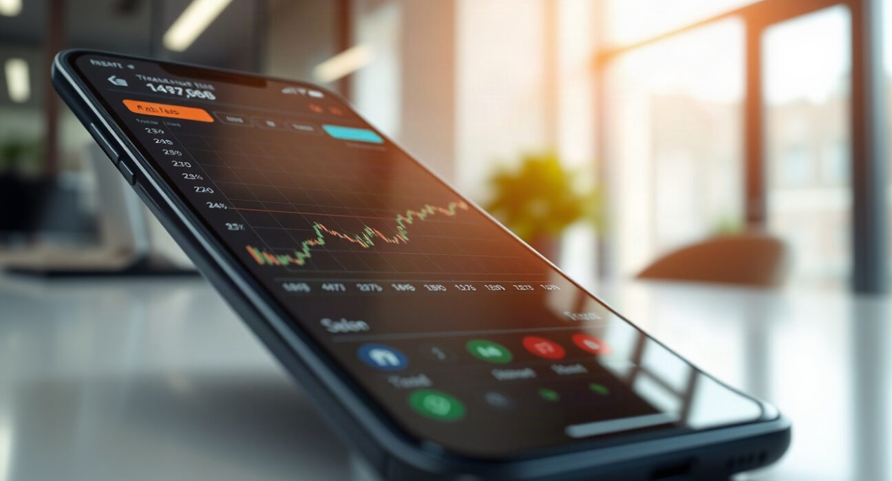 Smartphone displaying Robinhood Chain trading dashboard with stock token charts and blockchain visuals