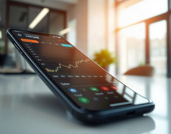 Smartphone displaying Robinhood Chain trading dashboard with stock token charts and blockchain visuals