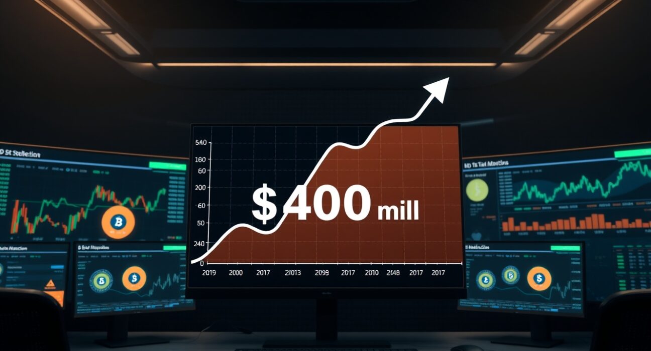 Digital dashboard showing a financial graph with $400 million stablecoin supply milestone on Robinhood Chain
