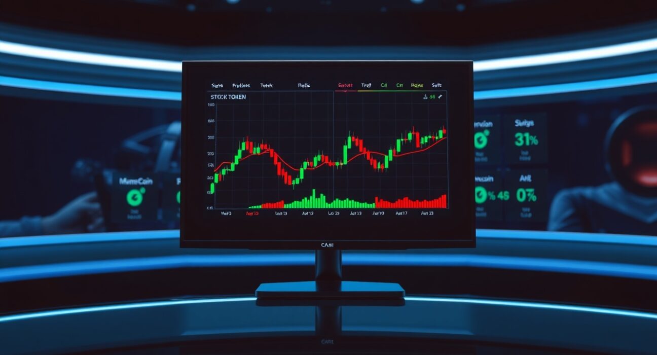 Digital trading dashboard showing stock-token DEX volume charts in a professional newsroom setting